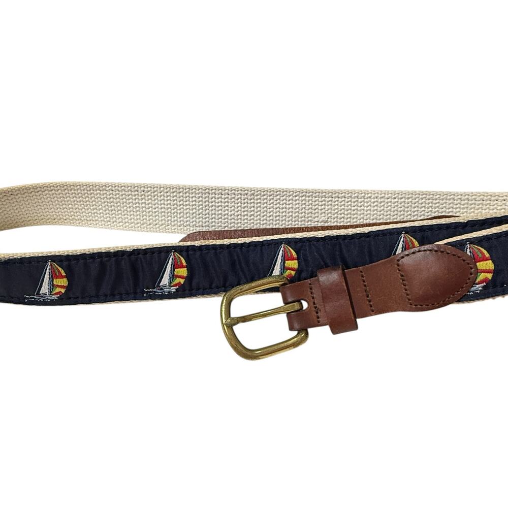 Leather Canvas Sailboat Belt 42 Brass Buckle Nautical Hand Made Essex CT USA